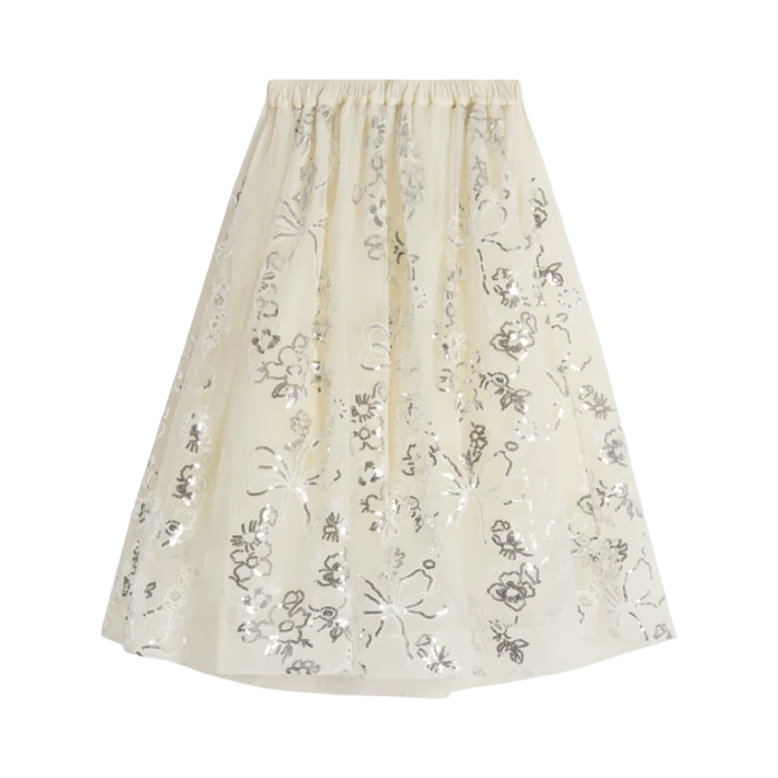 (W) 시몬 로샤 시퀸 오버레이 엘라스티케이티드 롱 투투 스커트 아이보리 화이트 실버