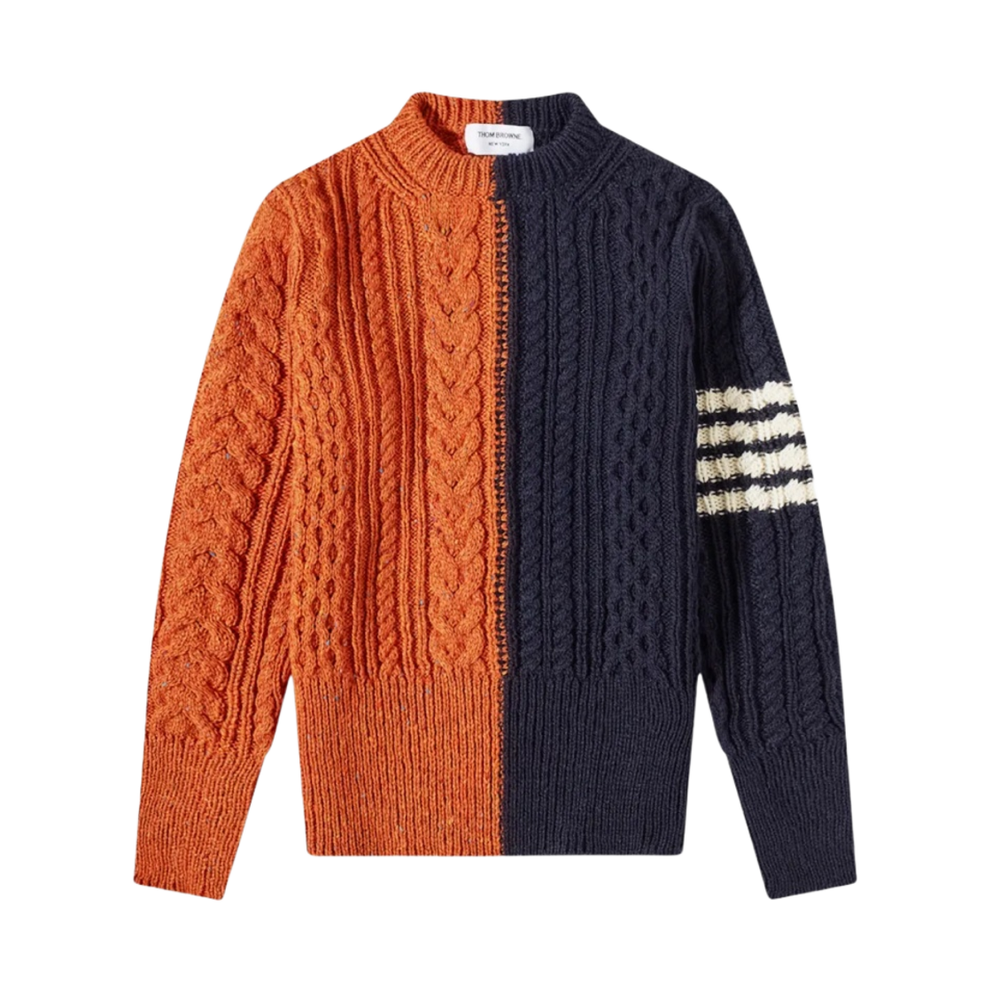 톰브라운 펀믹스 아란 케이블 도네갈 사선 풀오버 오렌지 네이비(Thom Browne Fun-Mix Aran Cable Donegal 4-Bar Pullover Orange Navy) - 1