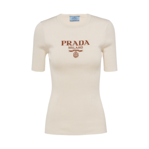 (W) Prada Silk Crewneck Sweater with Logo Ivory