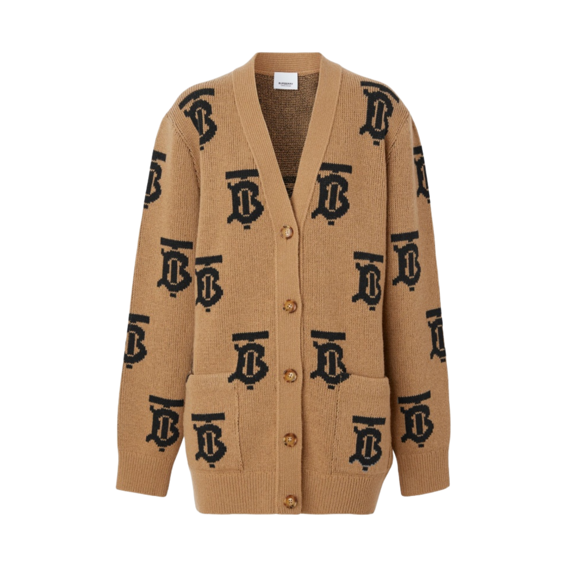 8063208 (W) Burberry Monogram Motif Wool Jacquard Cardigan Camel
