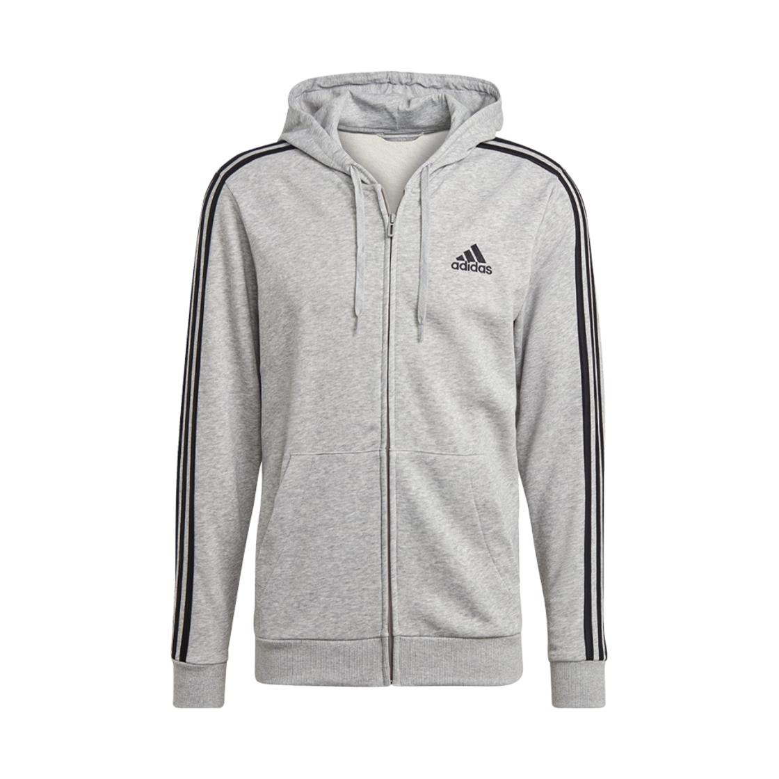아디다스 에센셜 프렌치 테리 삼선 풀집 후드 미디움 그레이 헤더 블랙 - US 사이즈(Adidas Essentials French Terry 3-Stripes Full-Zip Hoodie Medium Grey Heather Black - US Sizing)