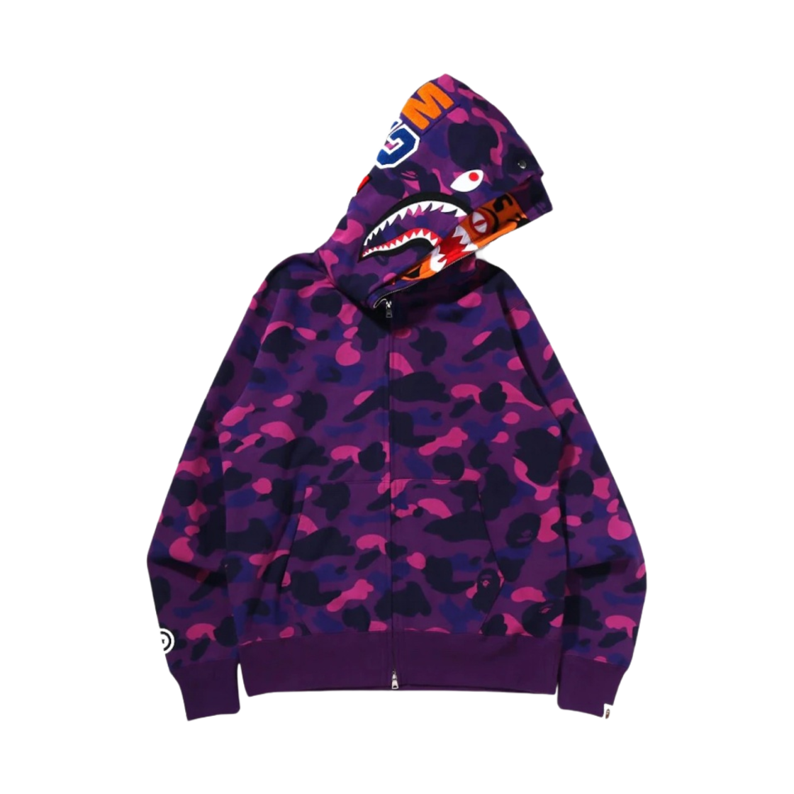 베이프 컬러 카모 타이거 샤크 와이드 풀 집 후드 퍼플