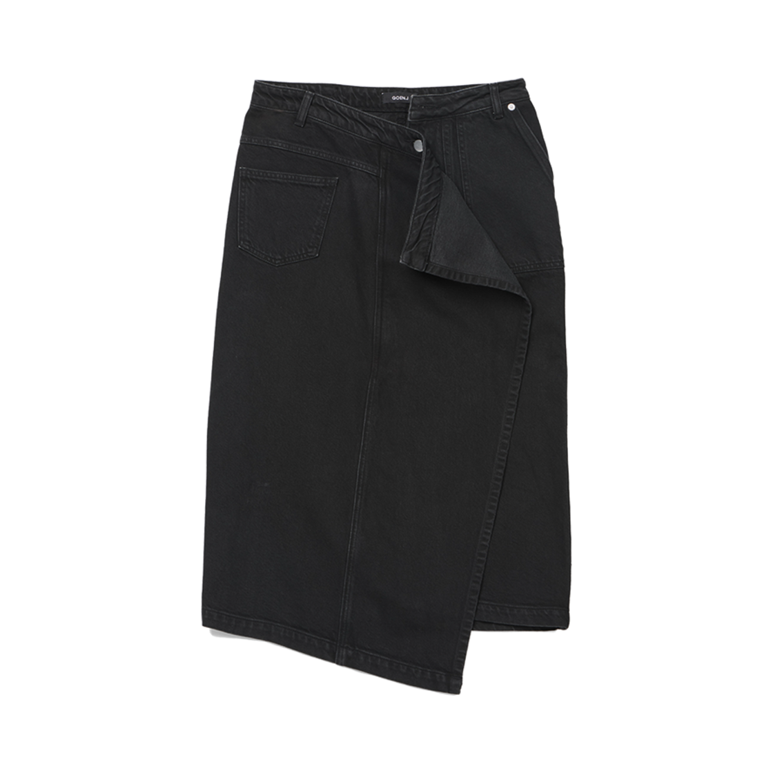 고엔제이 어시메트릭 드레이프 다운 워싱 미디 데님 스커트 블랙(GOEN.J Asymmetric Draped Down Washed Midi Denim Skirt Black)