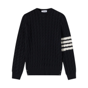 Thom Browne Cotton 4-Bar Cable Knit Crewneck Pullover Navy