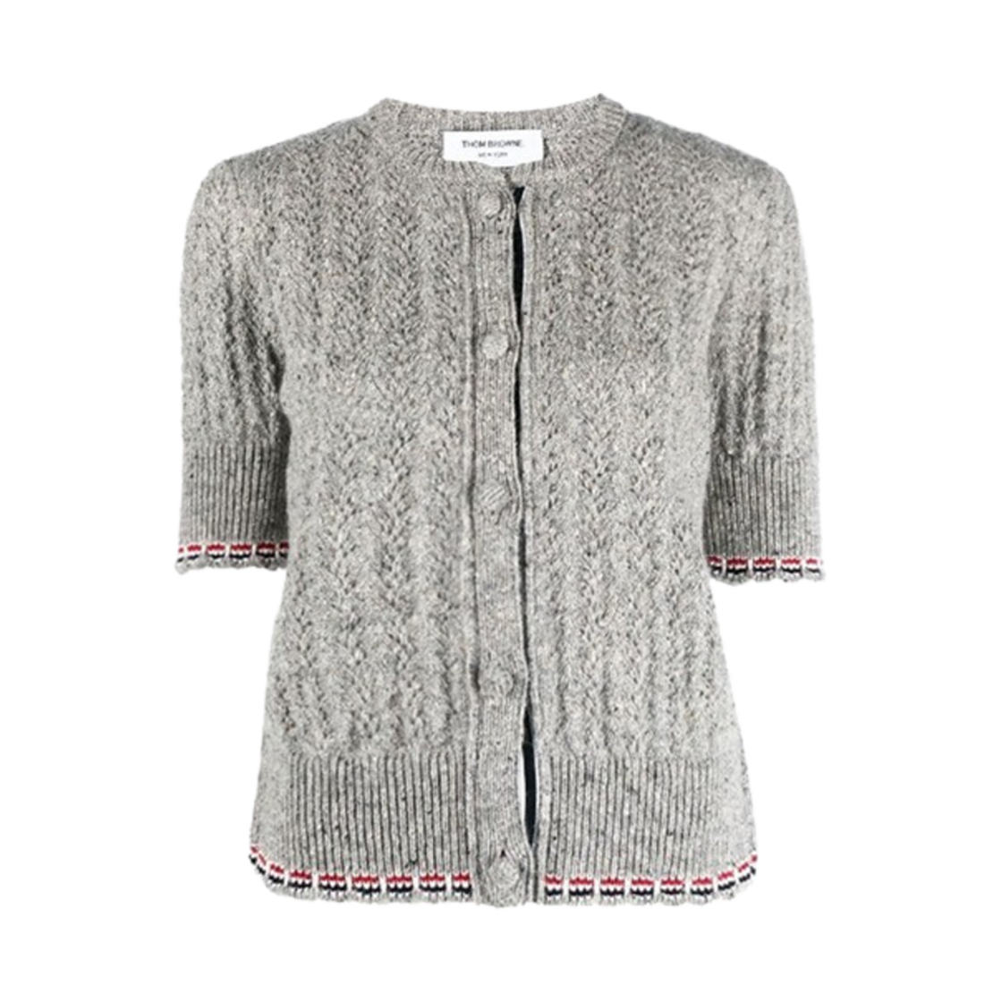 (W) 톰브라운 도네갈 울 케이블 스티치 숏슬리브 가디건 라이트 그레이((W) Thom Browne Donegal Wool Cable Stitch Short Sleeve Cardigan Light Grey) - 1