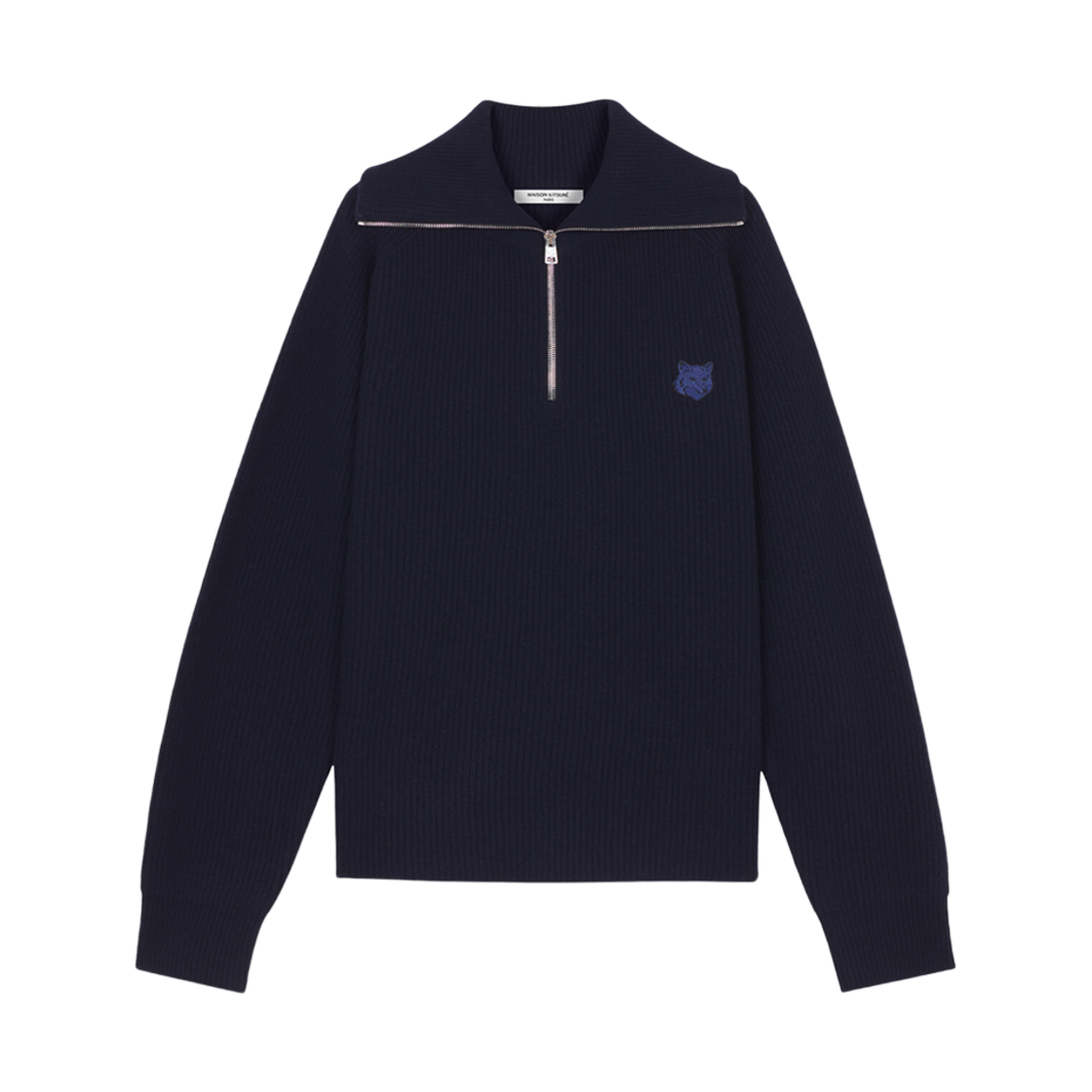 메종 키츠네 볼드 폭스 헤드 패치 하프 집 립드 점퍼 잉크 블루(Maison Kitsune Bold Fox Head Patch Half Zip Ribbed Jumper Ink Blue)
