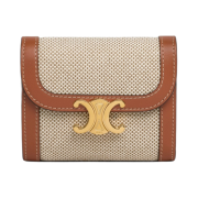 Celine Small Triomphe Wallet in Textile and Calfskin Tan White