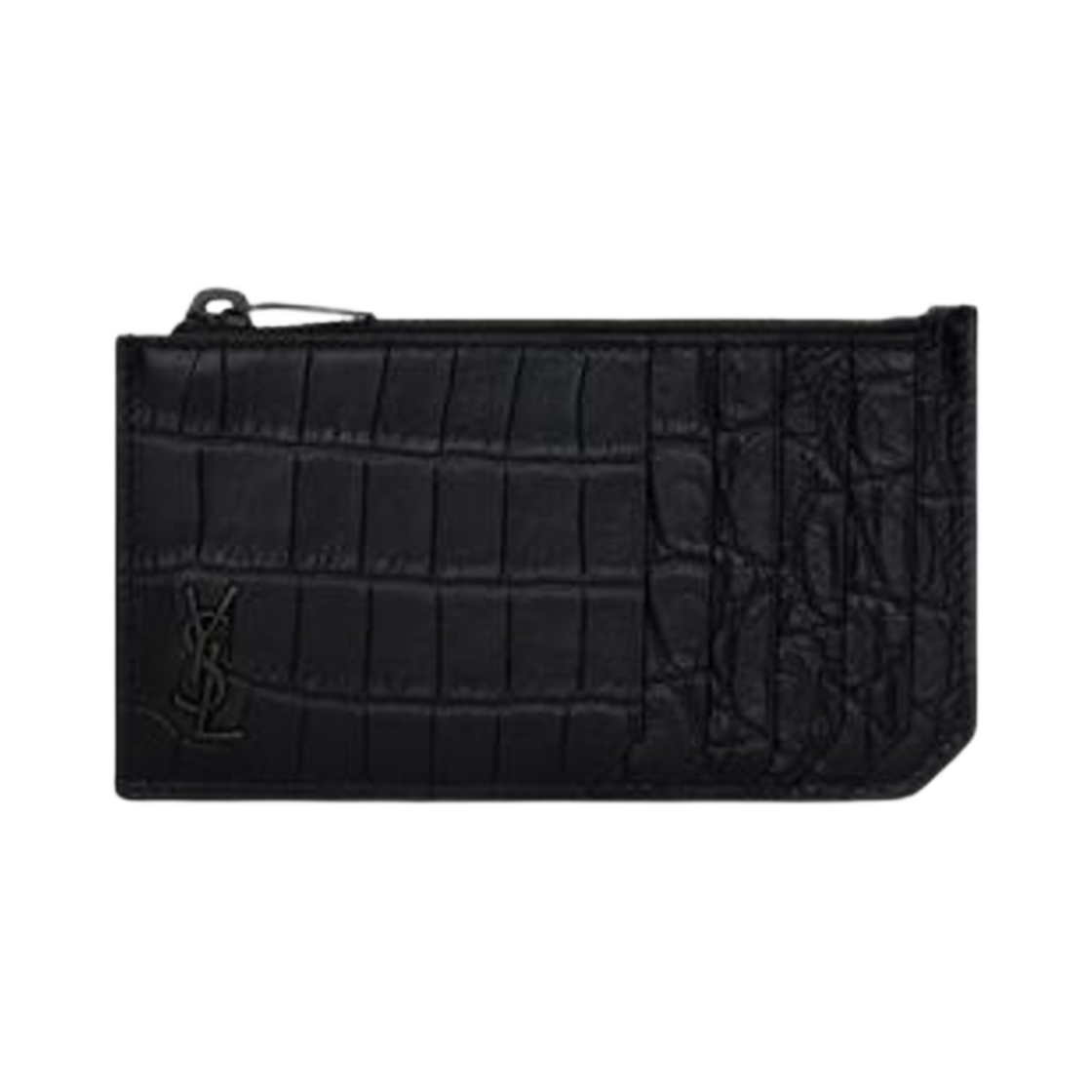 생로랑 타이니 카산드라 프라그먼트 집 카드 케이스 크로커다일 엠보스 레더 블랙(Saint Laurent Tiny Cassandre Fragments Zip Card Case in Crocodile-Embossed Leather Black) - 1