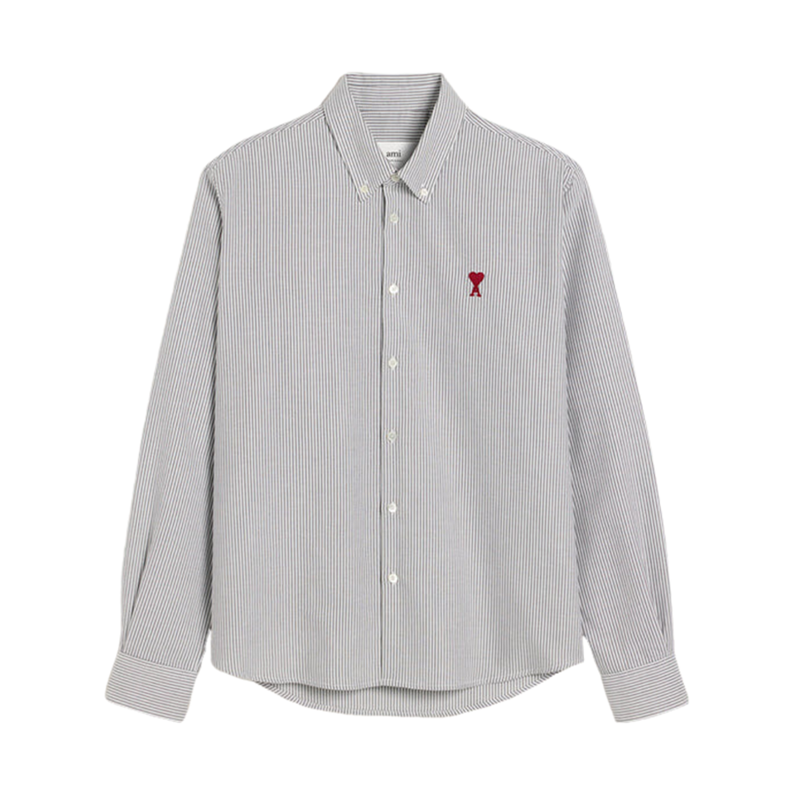 아미 스몰 하트 로고 버튼 다운 스트라이프 코튼 옥스포드 셔츠 블랙 내추럴 화이트(AMI de Coeur Button Down Stripped Cotton Oxford Shirt Black Natural White)