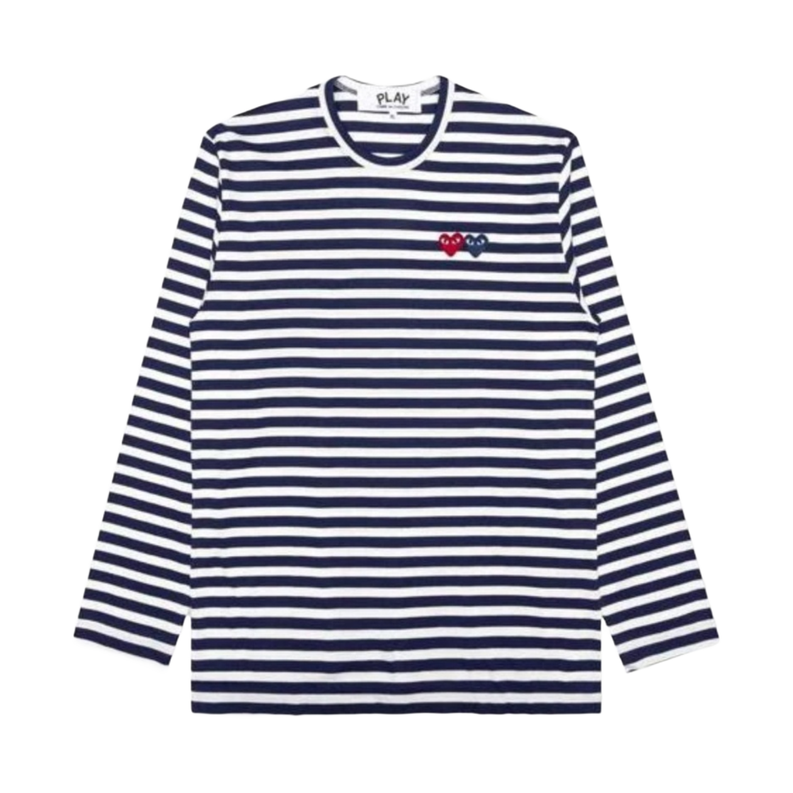 플레이 꼼데가르송 더블 하트 스트라이프 롱슬리브 티셔츠 네이비 화이트(Play Comme des Garcons Double Heart Striped LS T-Shirt Navy White)