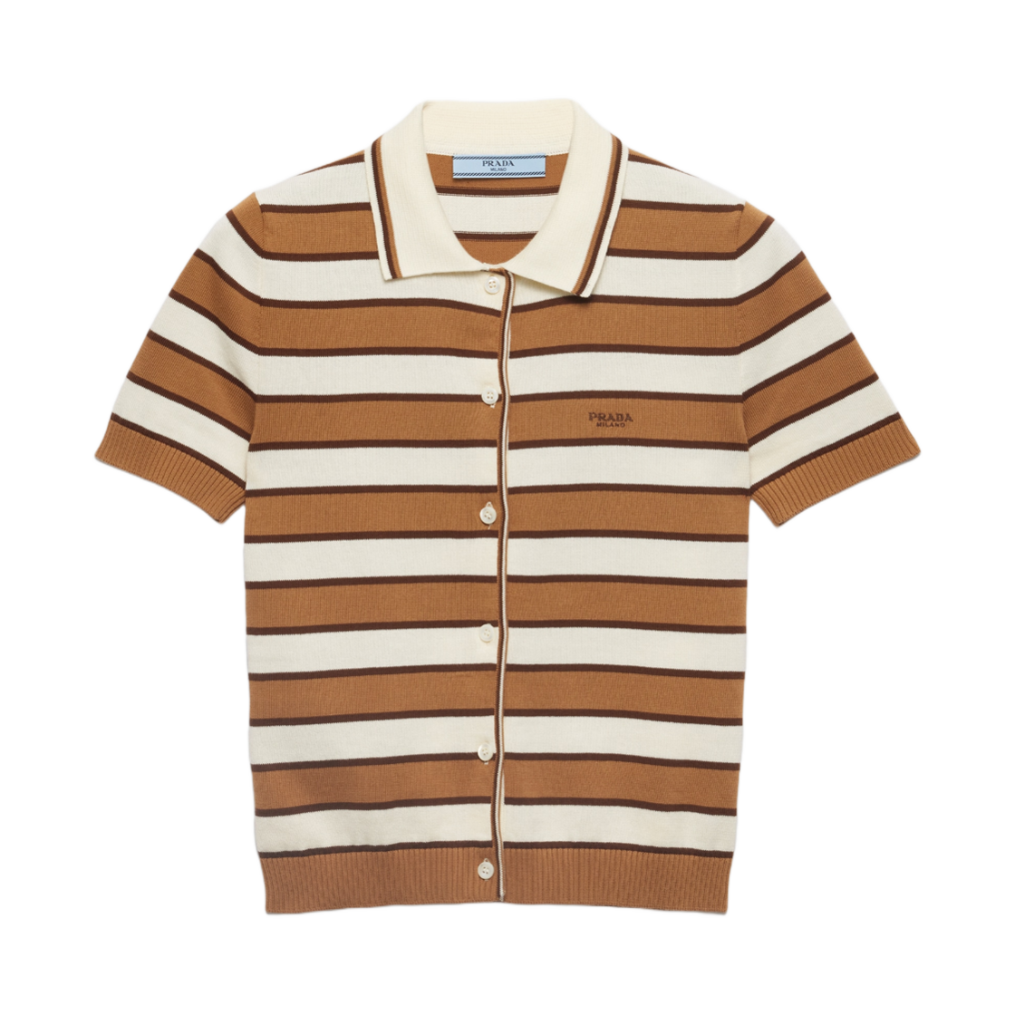 (W) 프라다 숏슬리브d 스트라이프 코튼 가디건 카멜 내츄럴((W) Prada Short-Sleeved Striped Cotton Cardigan Camel Natural) - 1