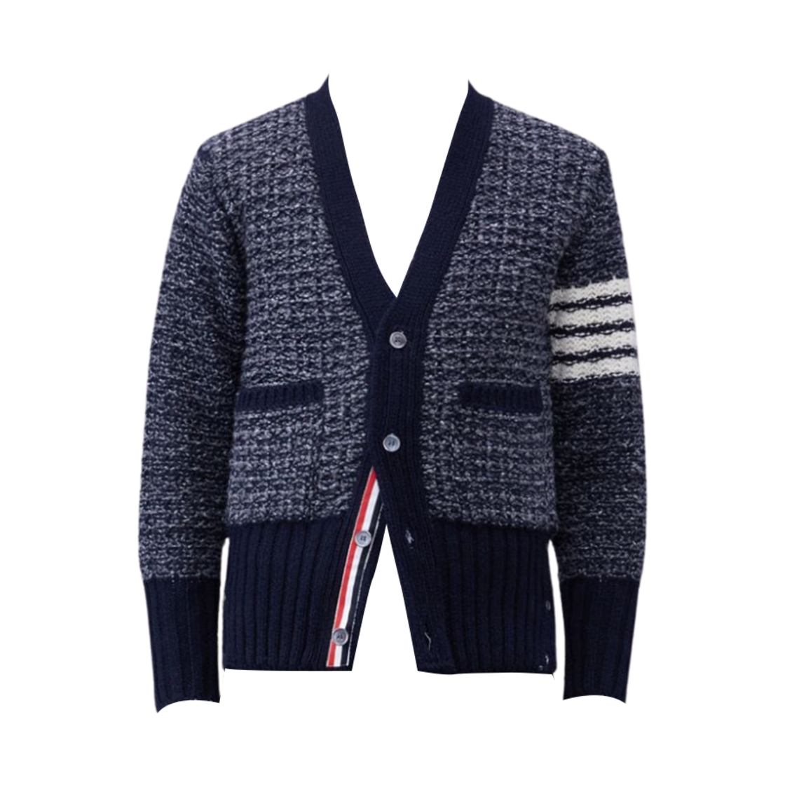 MKC510A-Y1506-415 Thom Browne Mohair Tweed 4-Bar Classic V-Neck Cardigan Blue