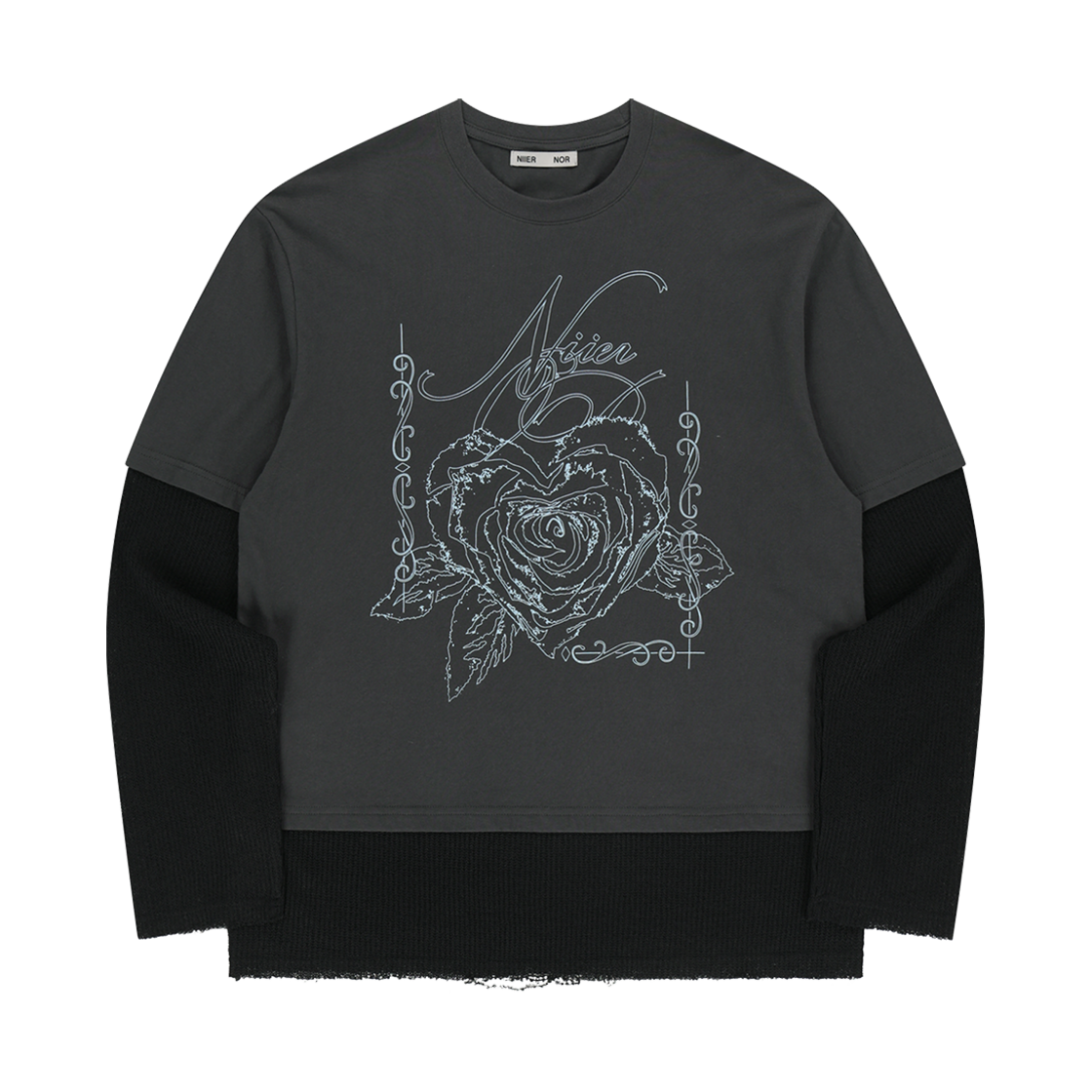 니어 노어 하트 로즈 레이어드 롱슬리브티 차콜(NIIER NOR Heart Rose Layered Ls Tee Charcoal)