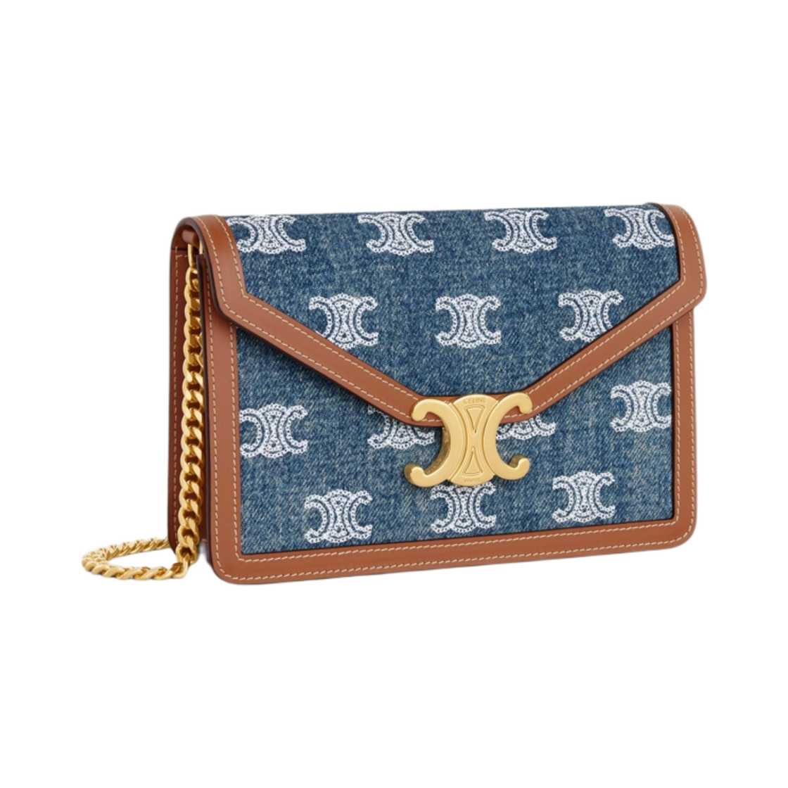 셀린느 월렛 온 체인 트리옹프 데님 트리옹프 올오버 자수 카프스킨 네이비 탄(Celine Wallet On Chain Triomphe in Denim with Triomphe All-Over Embroidery Calfskin Navy Tan) - 2