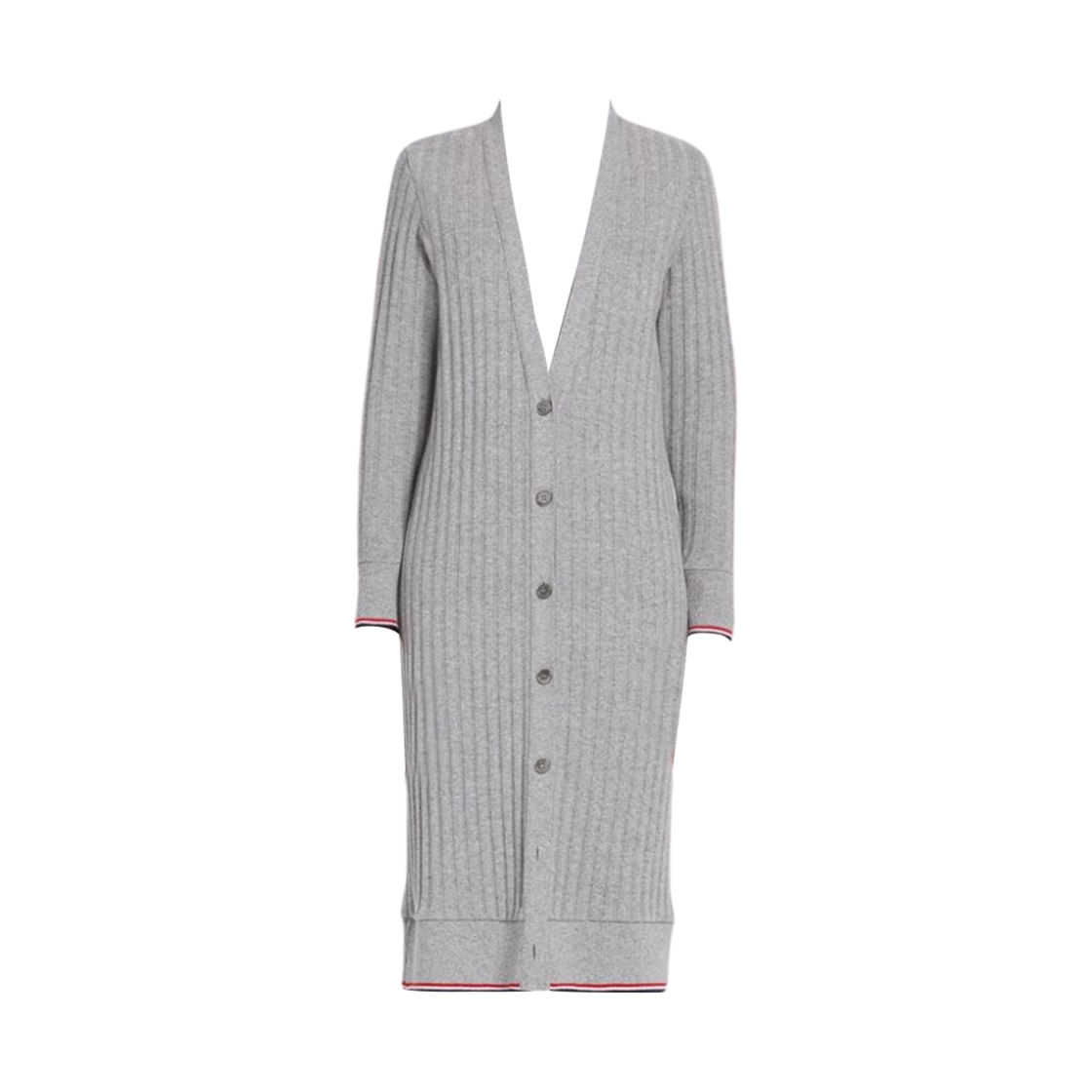 FJT246A-J0048-059 (W) Thom Browne Wide Rib Cashmere Tipping V-Neck Cardigan Dress Grey