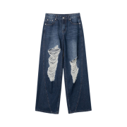 Millo Women Curved Damage Wide Jeans Deep Blue