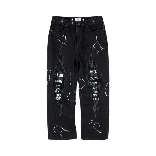 23-B019_BLACK Resurrection13 Boro & Printing Detail Denim Pants Black