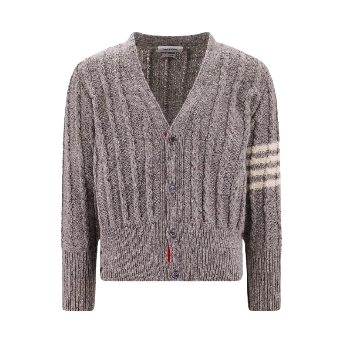 톰브라운 도네갈 사선 스트라이프 트위스트 케이블 클래식 브이넥 가디건 라이트 그레이(Thom Browne Donegal 4-Bar Stripe Twist Cable Classic V-Neck Cardigan Light Grey)