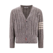 Thom Browne Donegal 4-Bar Stripe Twist Cable Classic V-Neck Cardigan Light Grey