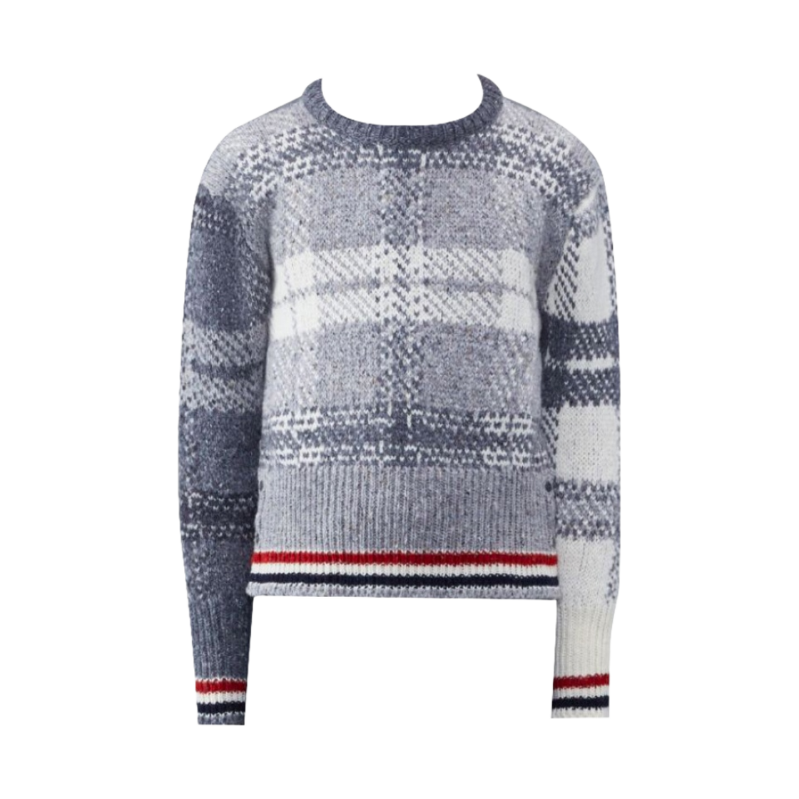 MKA410F-Y1506-982 Thom Browne Donegal Stripe Tartan Jacquard Classic Crewneck Pullover Tonal Grey