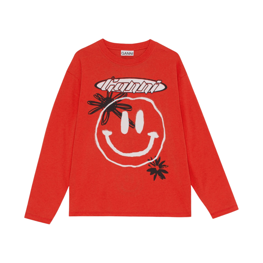 (W) 가니 월드 스마일 로고 롱슬리브 티셔츠 파이어리 레드((W) Ganni World Smile Logo Long Sleeve T-Shirt Fiery Red - 22FW) - 1