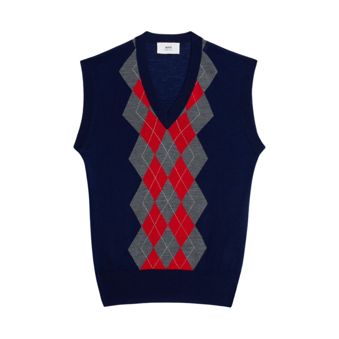 아미 슬리브리스 아가일 스웨터 네이비 헤더 그레이 레드(AMI Sleeveless Argyle Sweater Navy Heather Grey Red) - 1