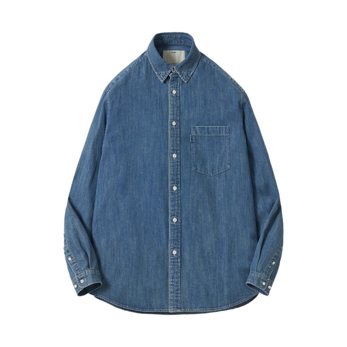포터리 버튼 다운 셔츠 코튼 하이 덴시티 트윌 데님 클로스 워셔 피니쉬 미드 블루(Pottery Button Down Shirt Cotton High Density Twill Denim Cloth Washer Finish Mid Blue)