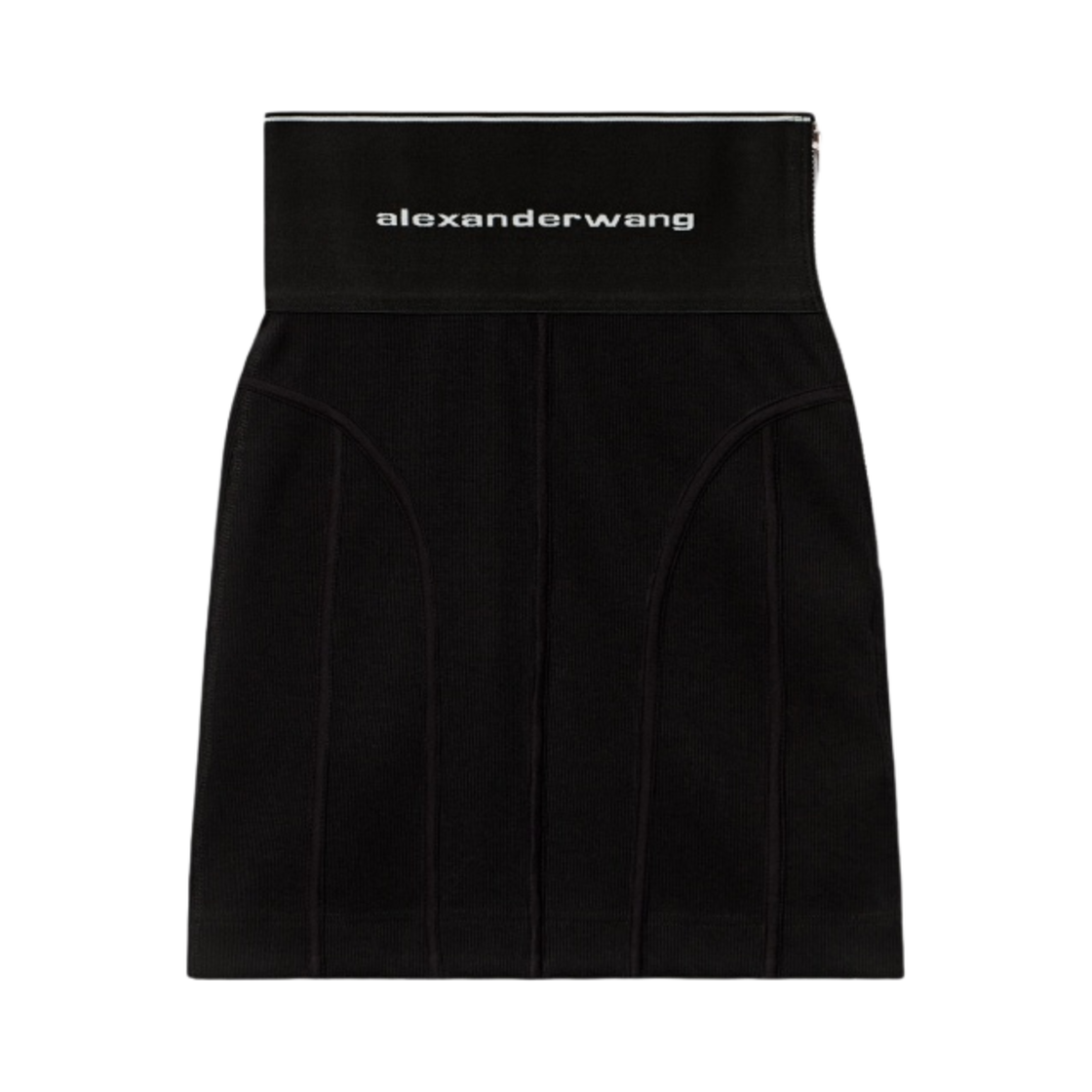 (W) 알렉산더 왕 립드 저지 로고 엘라스틱 미니 스커트 블랙((W) Alexander Wang Logo Elastic Mini Skirt in Ribbed Jersey Black)