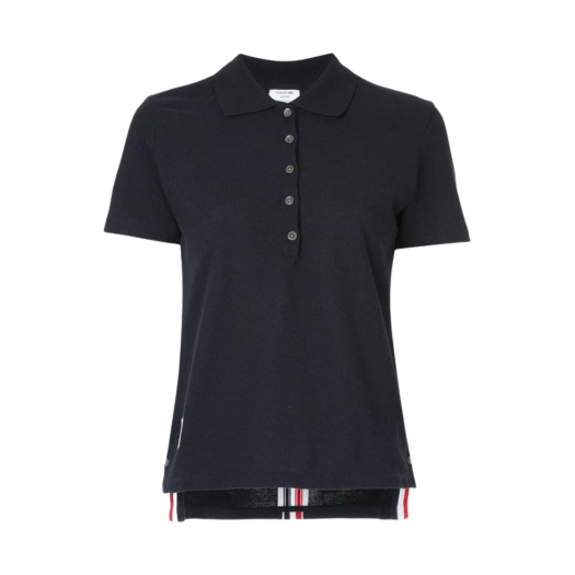 (W) Thom Browne Relaxed Fit Short Sleeve Polo Center Back RWB Stripe in Classic Pique Navy