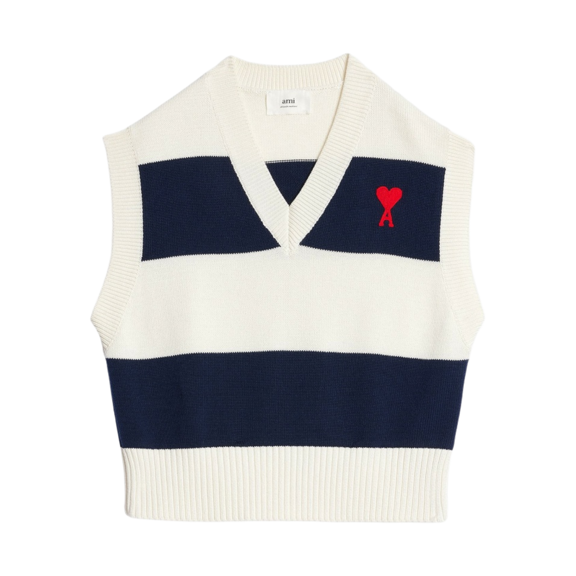 UKS709-016-497 AMI de Coeur Sleeveless Sweater With Rugby Stripes Naut Blue Nat White Red