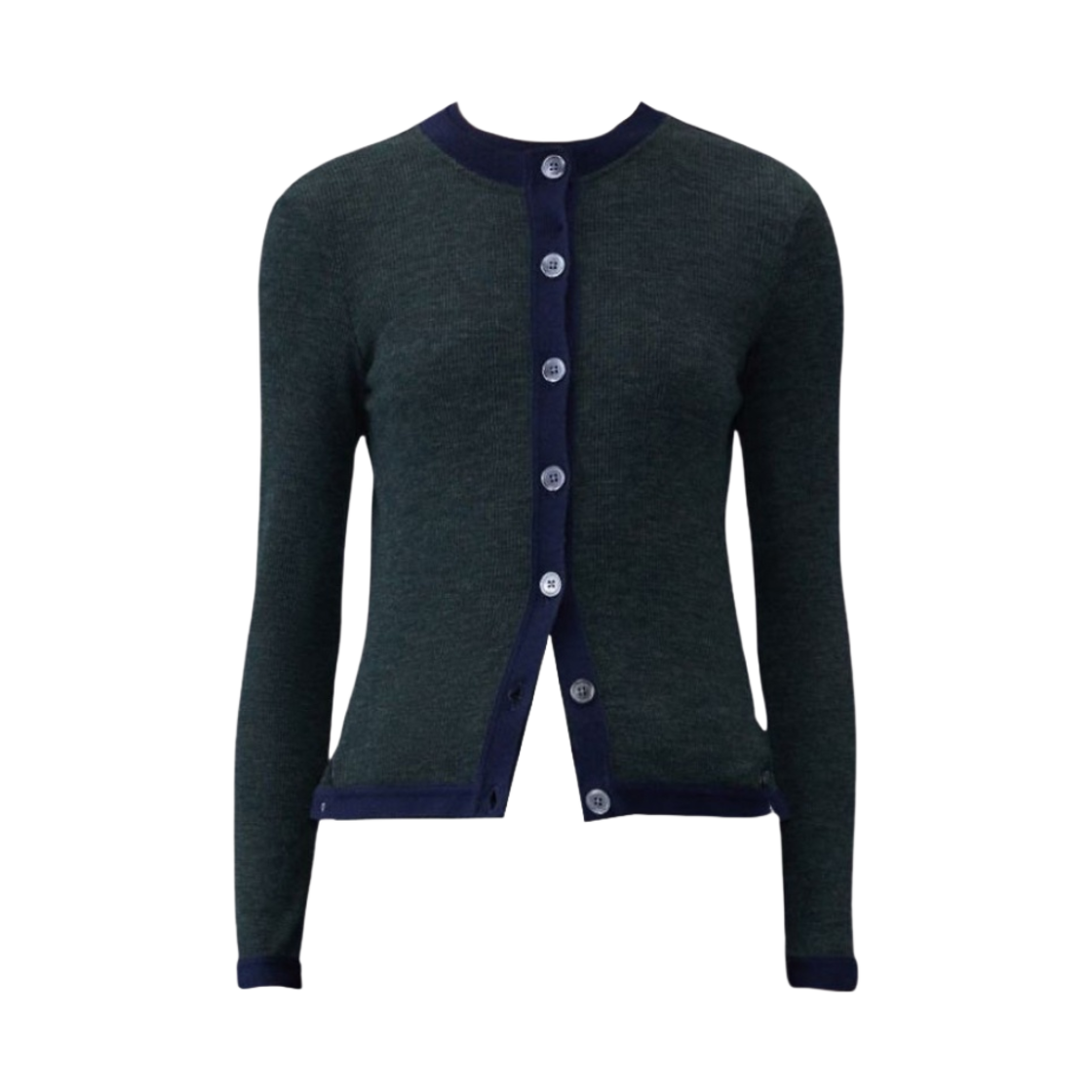 FJT302A-J0092-310 (W) Thom Browne Wool Rib Contrast Trim Crew Neck Cardigan Dark Grey Navy