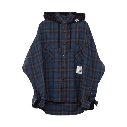 J13SH182-BLUE Maison Mihara Yasuhiro Hooded Combined Check Shirt Blue