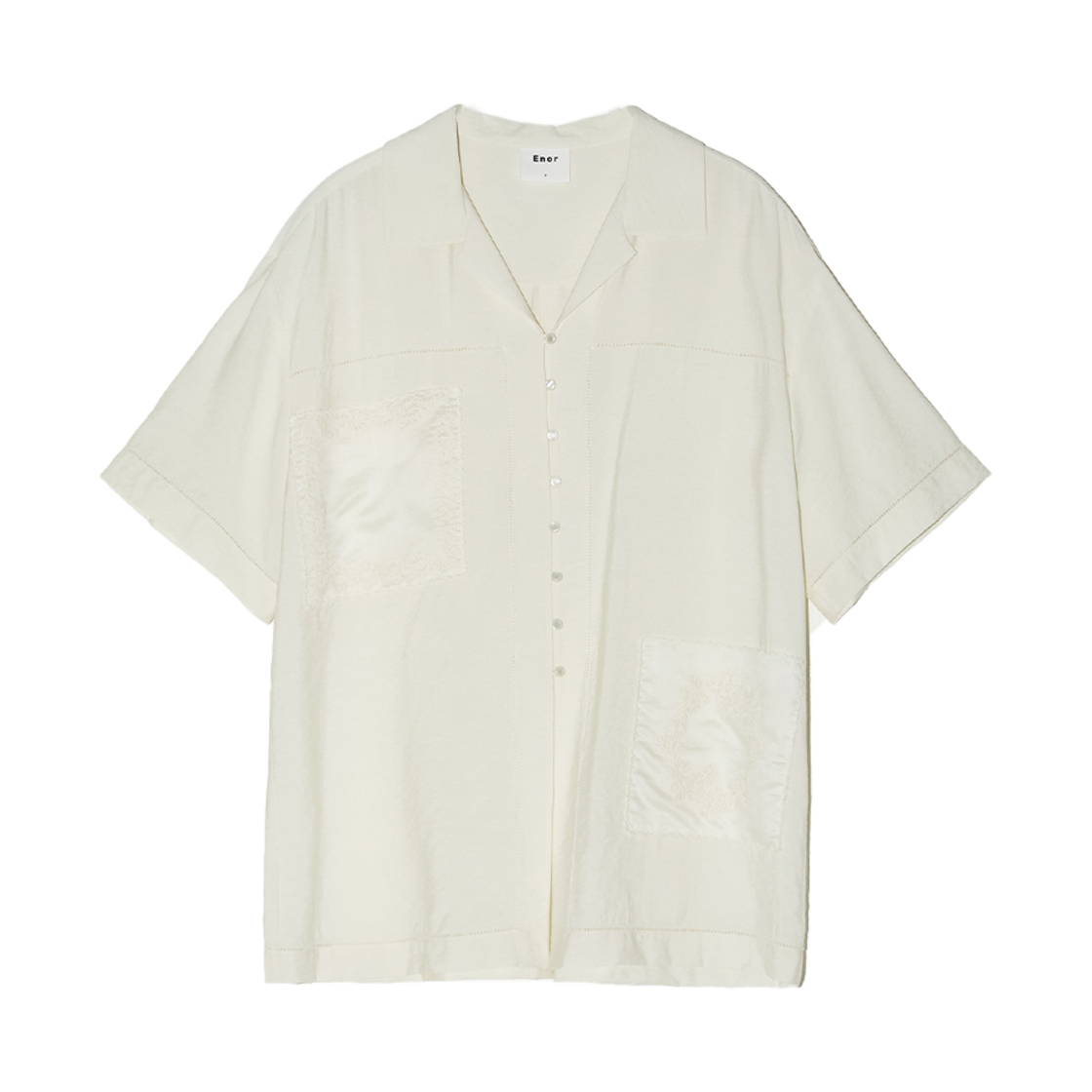BESUBL003IV Enor Women Pocket Embroidery Patch Half Sleeve Shirt Ivory