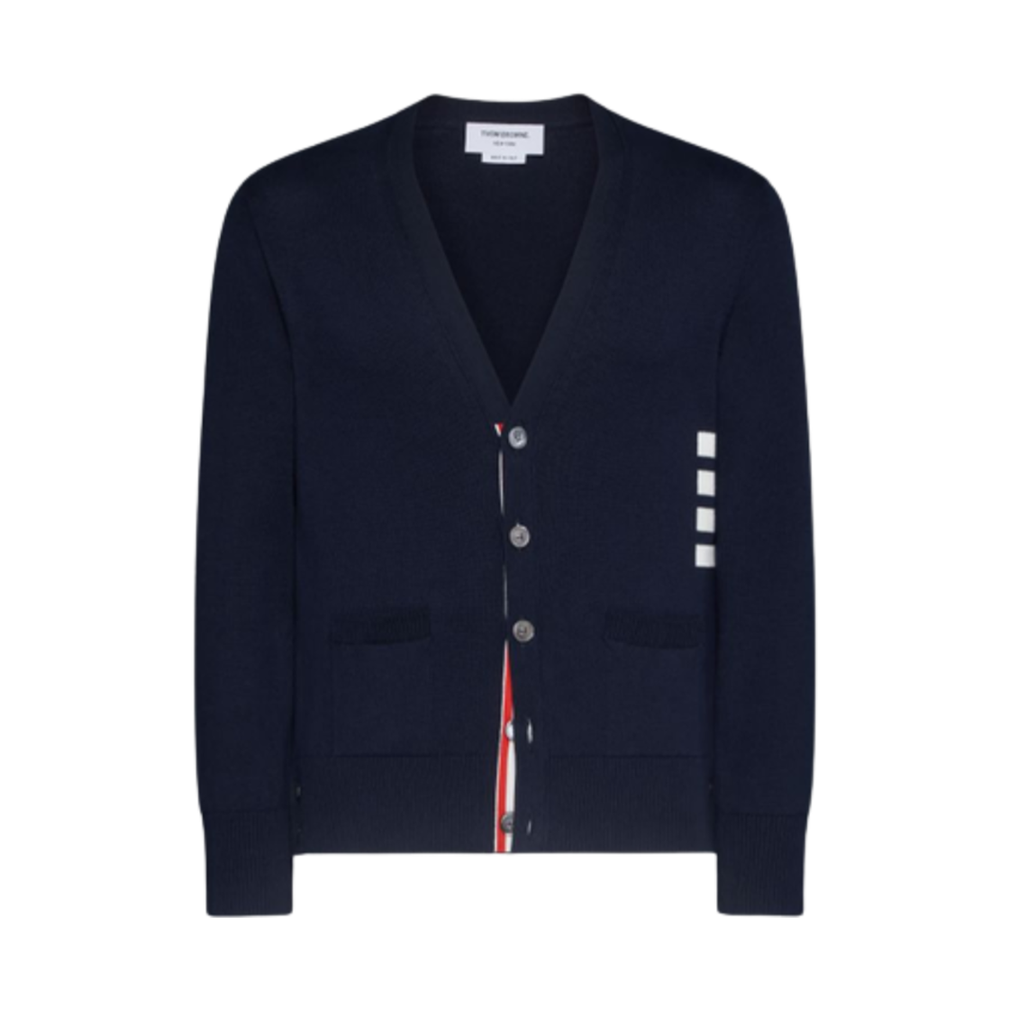 MKC581A-Y3043-415 Thom Browne Cotton 4-Bar Relaxed Fit V-Neck Cardigan Blue