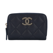 Chanel Zipped Coin Purse Grained Shiny Calfskin & Gold Dark Blue