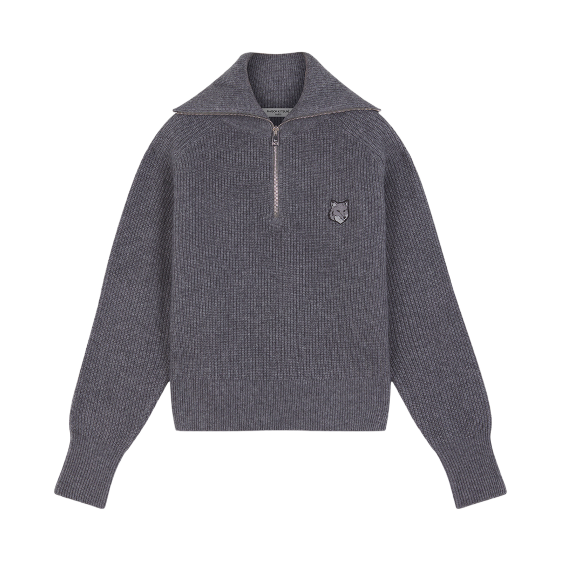 메종 키츠네 볼드 폭스 헤드 패치 하프 집 립드 점퍼 미디움 그레이 멜란지