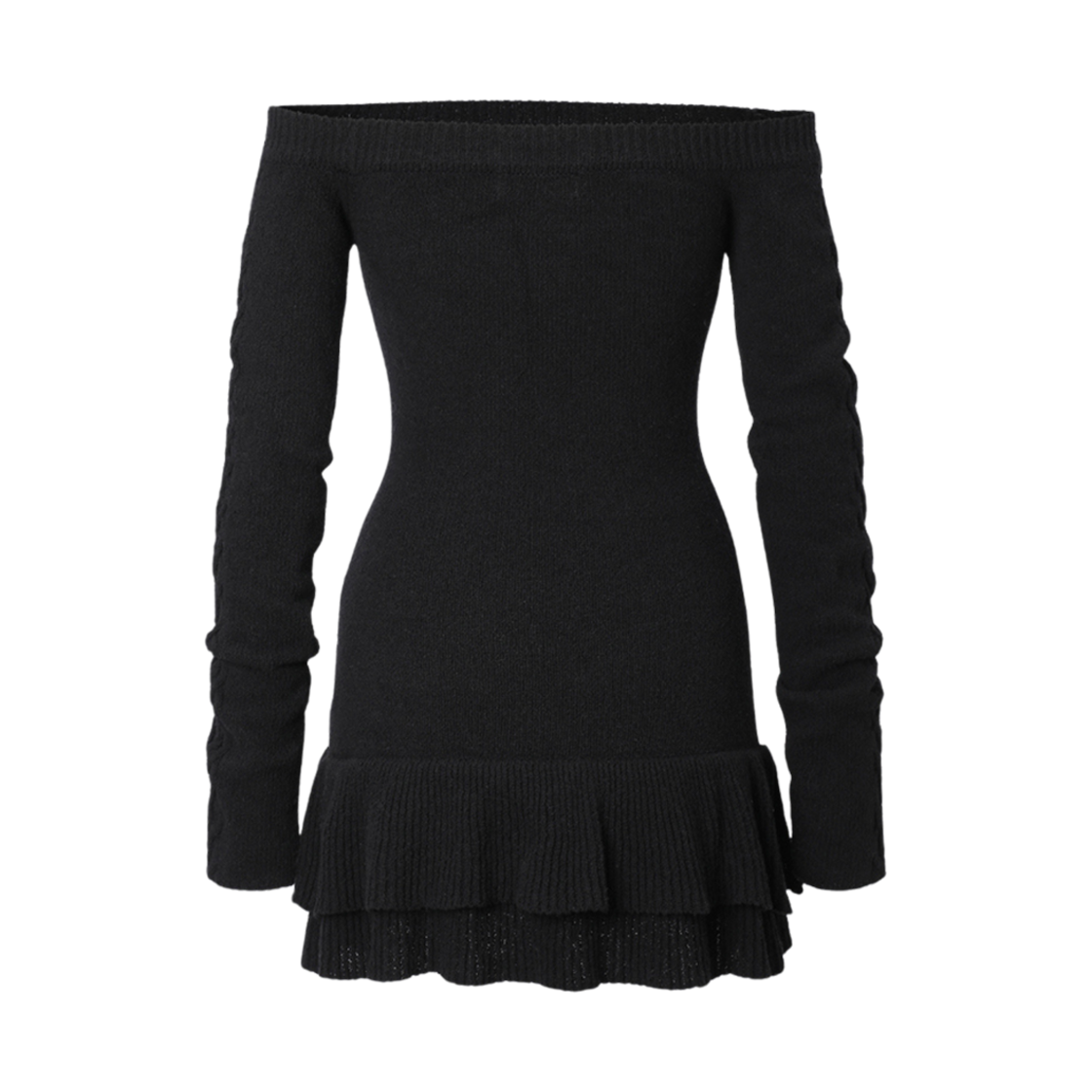 (W) 쓰리타임즈 케이블 오프숄더 드레스 블랙((W) Threetimes Cable Off-Shoulder Dress Black) - 1