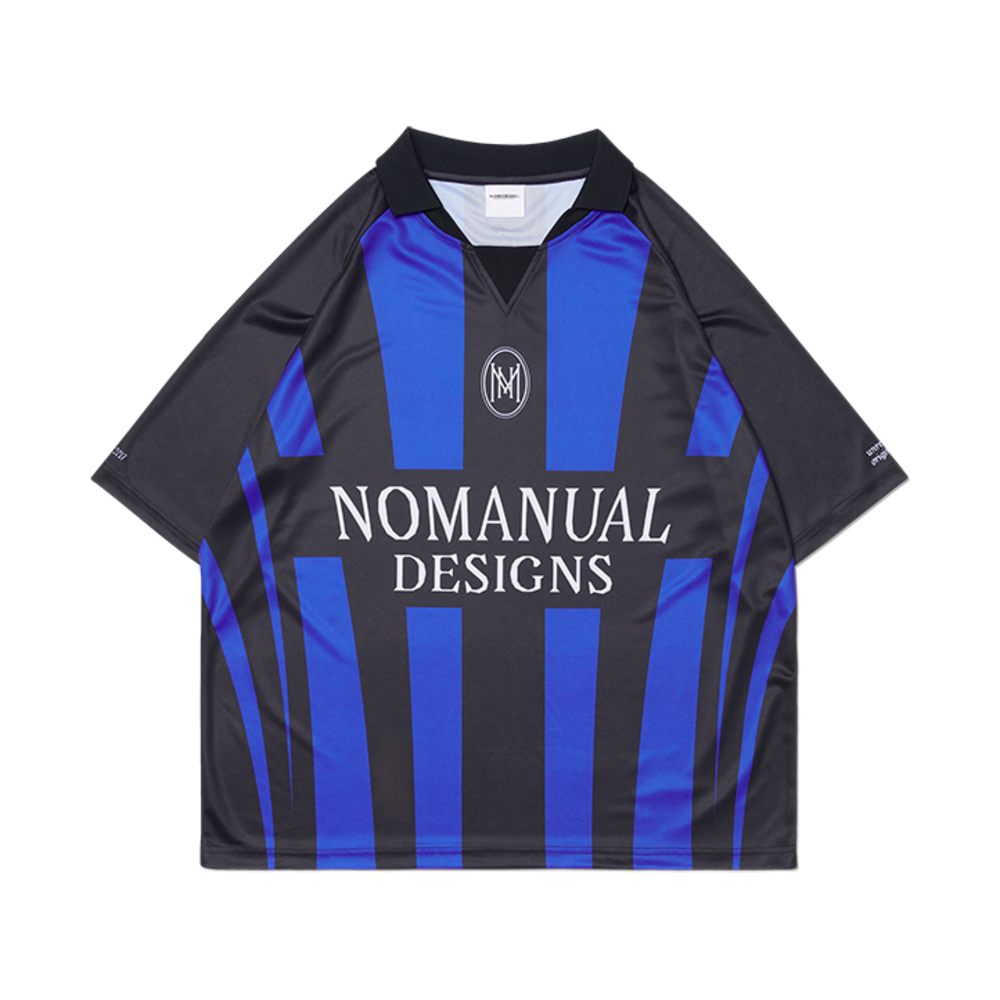 韓国男子 人気ブランド[NOMANUAL] STRIPE FOOTBALL SHIRT 노매뉴얼 스트라이프 풋볼 셔츠 블루 | NOMANUAL | KREAM