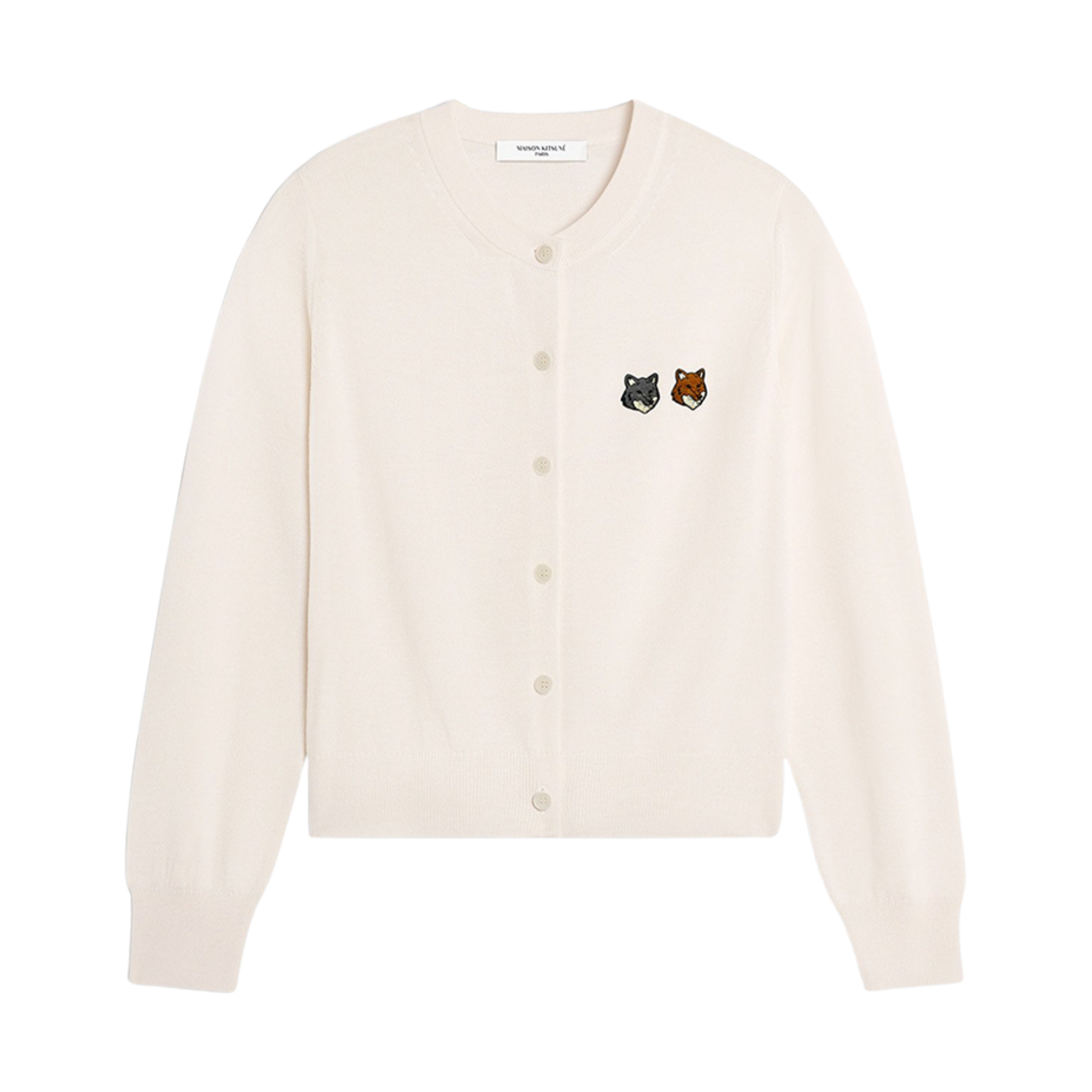 (W) 메종 키츠네 더블 볼드 폭스 헤드 패치 레귤러 가디건 라떼((W) Maison Kitsune Double Bold Fox Head Patch Regular Cardigan Latte)