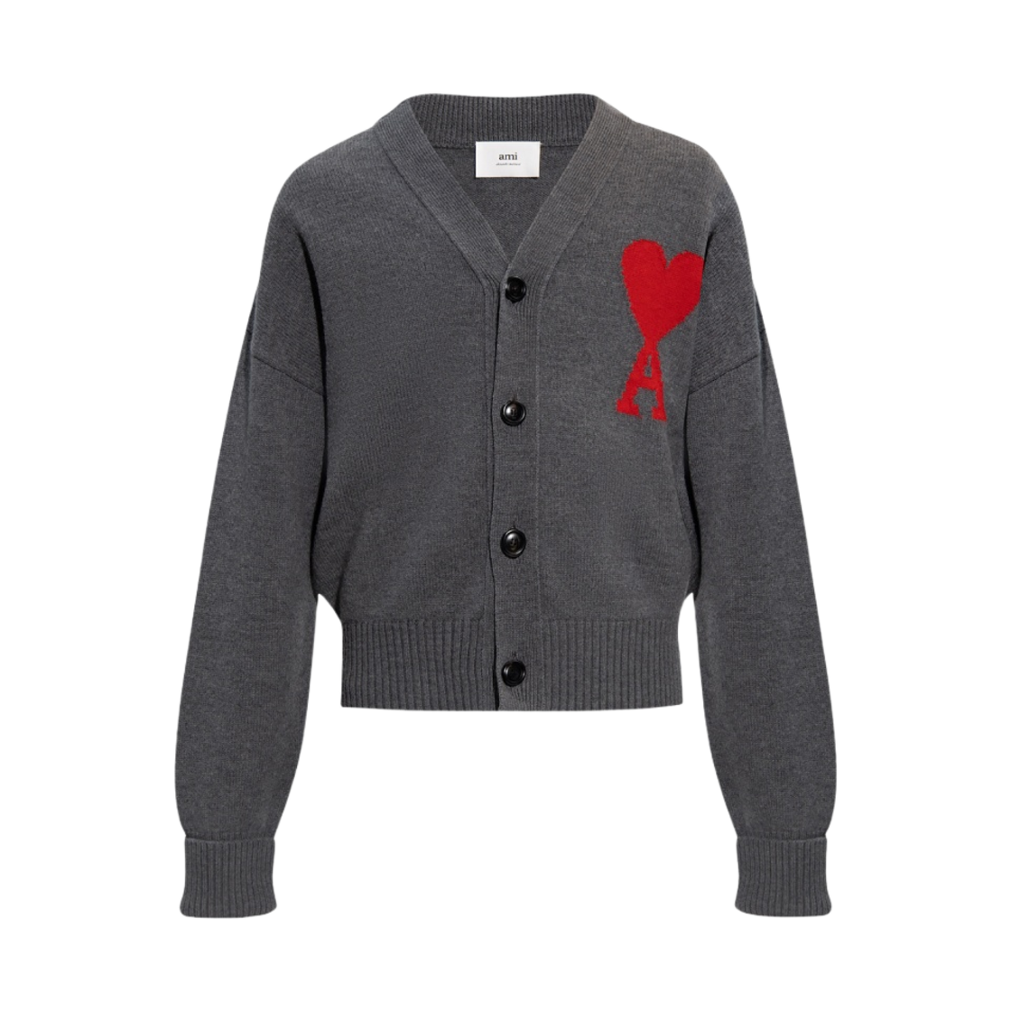 아미 빅 하트 로고 오버사이즈 인타르시아 가디건 헤더 그레이 레드(AMI de Coeur Oversize Intarsia Cardigan Heather Grey Red)
