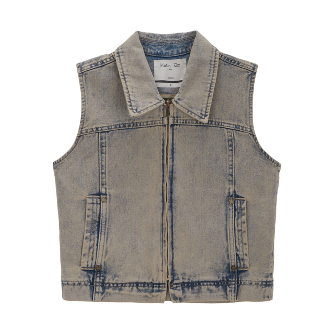 (W) 마뗑킴 슬림 집업 데님 베스트 베이지((W) Matin Kim Slim Zip Up Denim Vest Beige) - 1