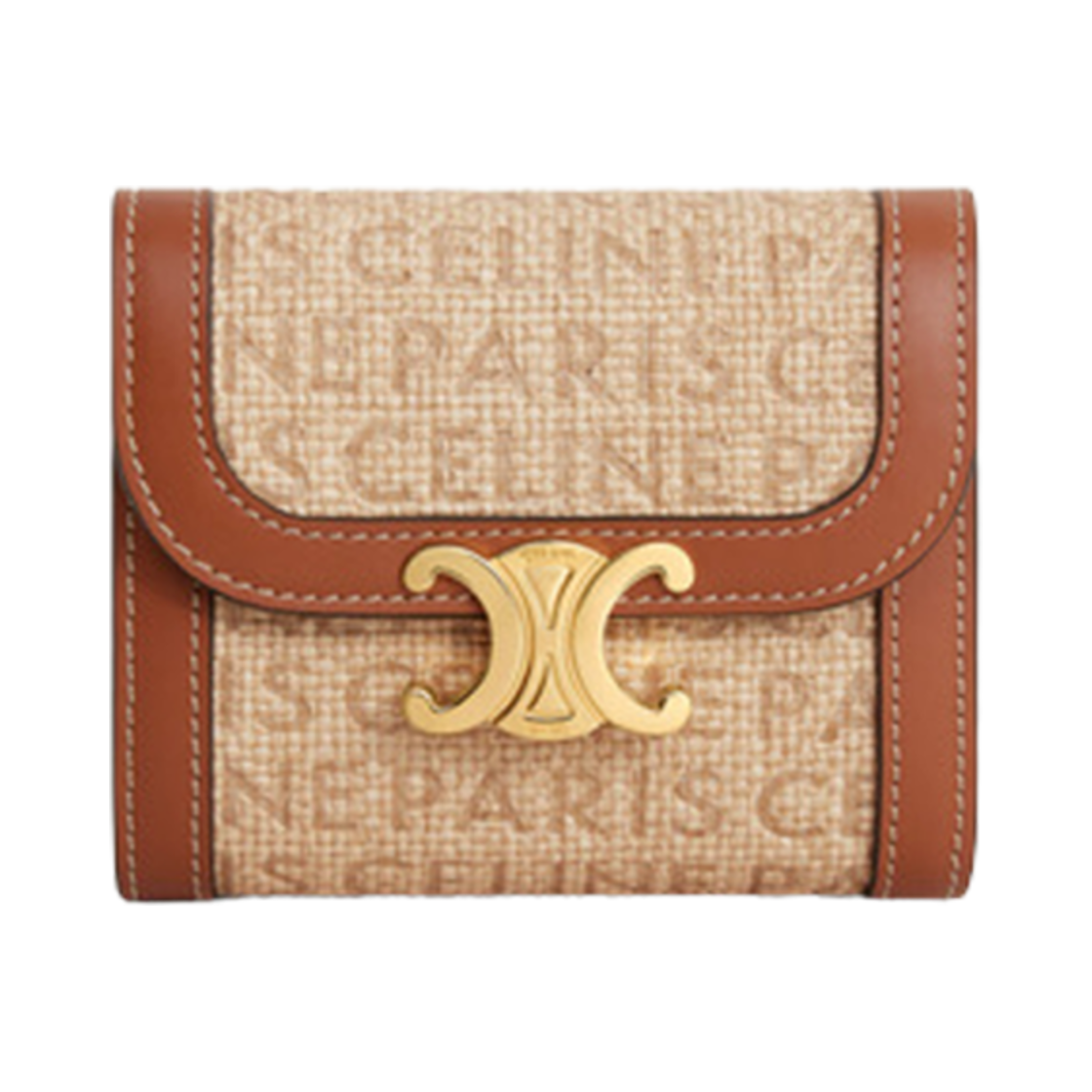 10D782FVA-02NT Celine Triomphe Small Flap Wallet in Textile with Raffia Effect and Calfskin Natural Tan