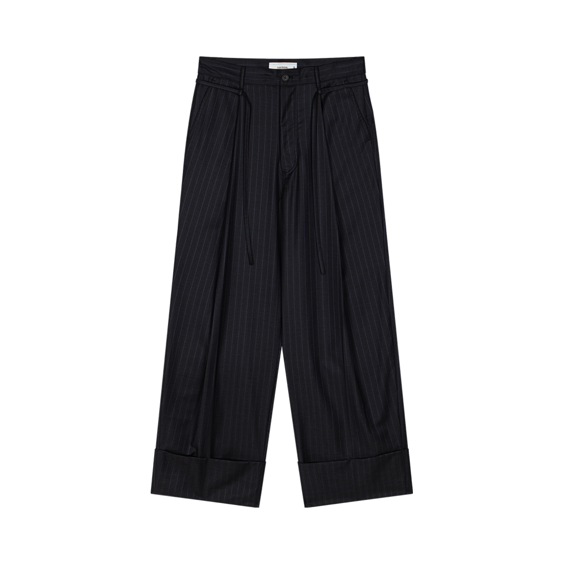 웨이비니스 딥 원 턱 턴업 슬랙스 블랙 스트라이프(Waviness Deep One Tuck Turn Up Slacks Black Stripe)