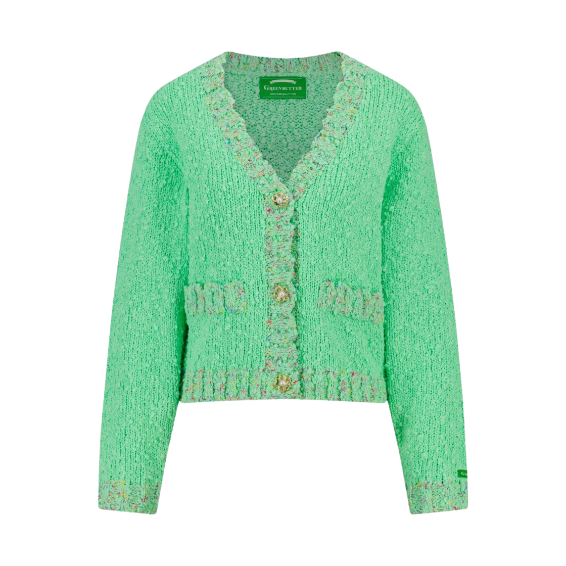 그린 버터 우먼 플라워 펄 버튼 브클 트위드 가디건 라이트 그린(Green Butter Women Flower Pearl Button Boucle Tweed Cardigan Light Green) - 1