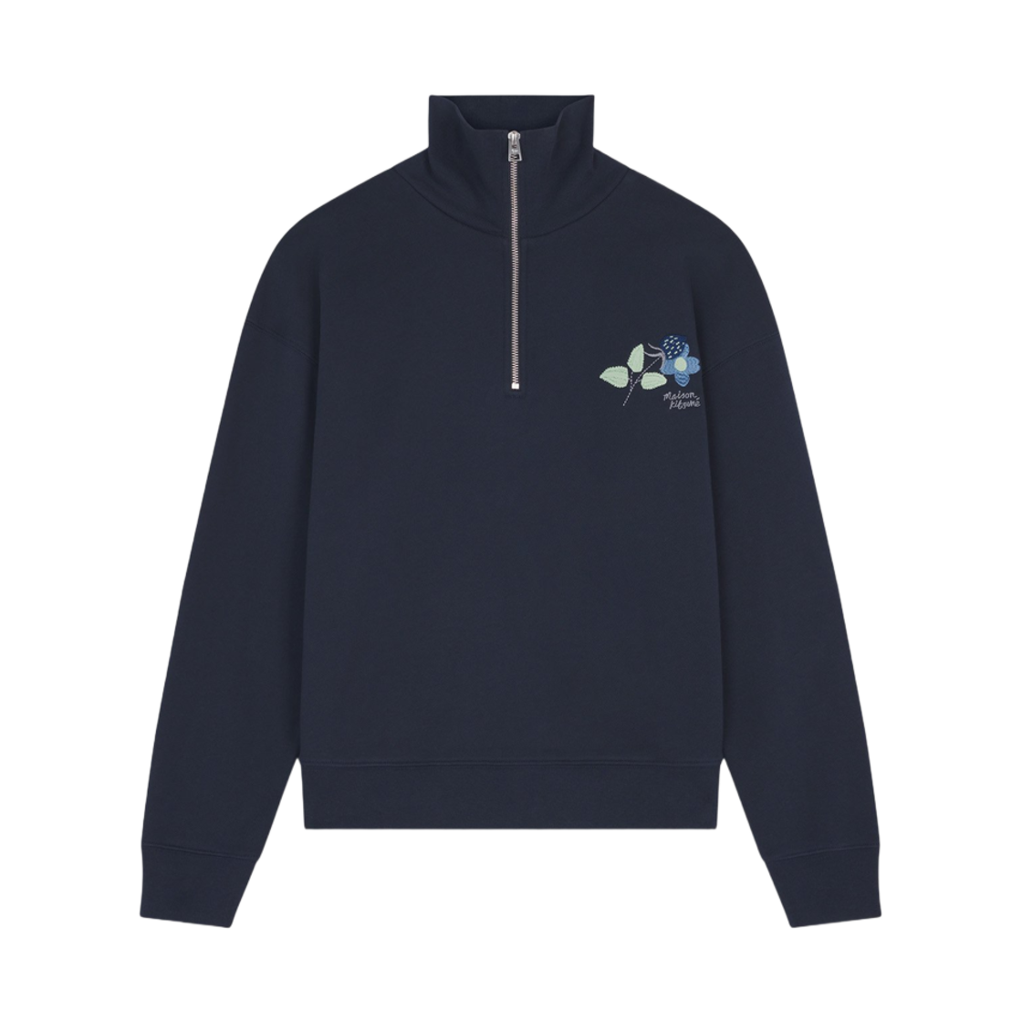 (W) 메종 키츠네 스트로베리 리프 하프 집 스웨트셔츠 네이비((W) Maison Kitsune Strawberry Leaf Half Zip Sweatshirt Navy) - 1