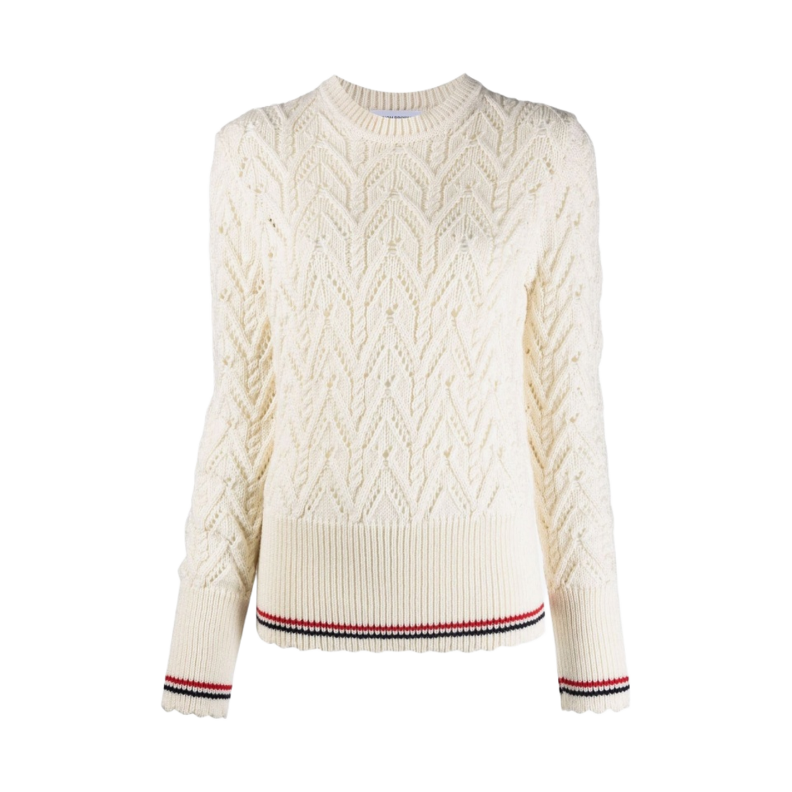 FKA357A-Y1024-100 (W) Thom Browne Sustainable Merino Wool Pointelle Cable Knit Scallop Trim Pullover White - 대표 이미지 #1