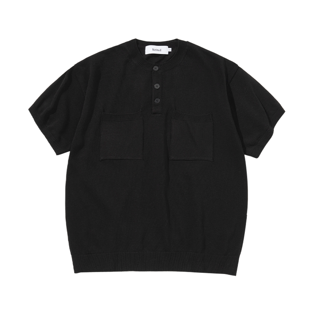 K25SSU16BK Knitted Linen Henley Neck Two Pocket Knit Black - 대표 이미지 #1