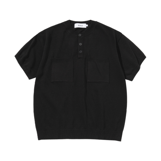 K25SSU16BK Knitted Linen Henley Neck Two Pocket Knit Black