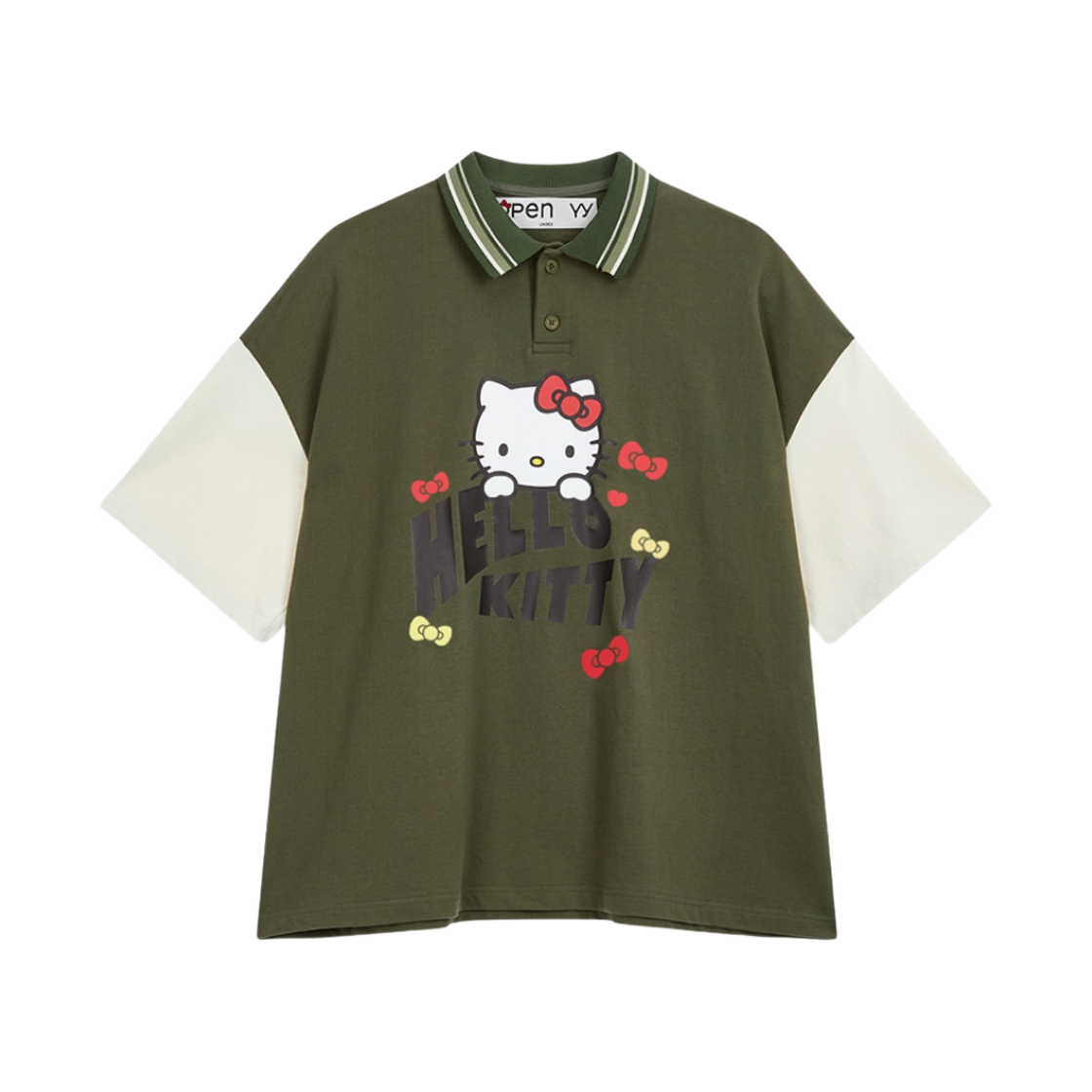 오픈 Yy x 헬로 키티 카라 티셔츠 카키(Open Yy x Hello Kitty Collared T-Shirt Khaki)