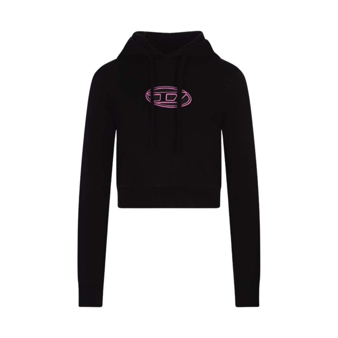 (W) 디젤 F-슬리미-후드-Od 컷 아웃 로고 크롭 후드 블랙 핑크((W) Diesel F-Slimmy-Hood-Od Cropped Hoodie with Cut-Out Logo Black Pink)